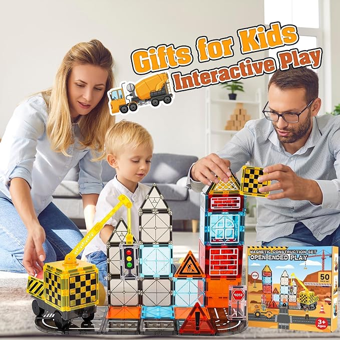 Magnetic Tiles Kids Construction Toys - Road Set with Magnet Crane for Boys Age 3-5 4-8 8-10, Magnet Building Blocks Expansion Pack Toy Car Track Train Set, Road, Dolls, Traffic Lights and Stations