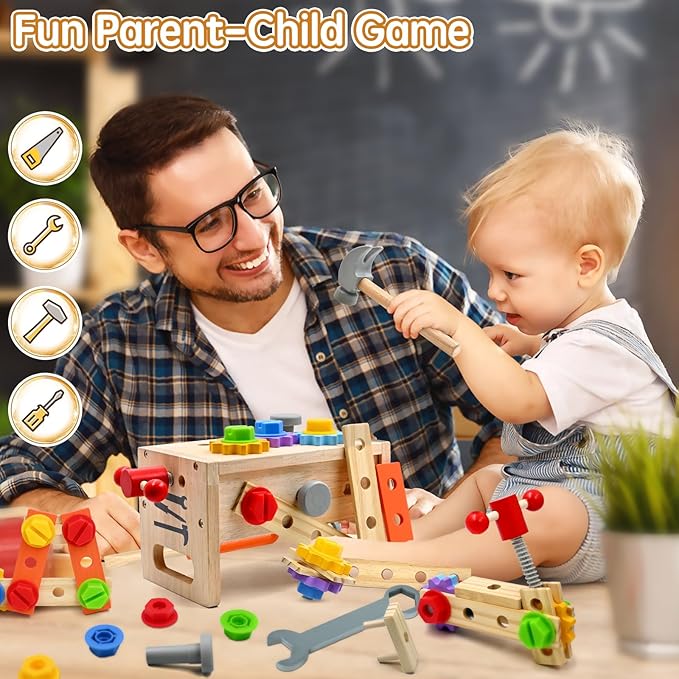 AiTuiTui Wooden Kids Tool Set, 29Pcs Montessori Toddler Toys with Tool Box, Educational Pretend Play Construction Stem Learning Toys for 2 3 4 5 Year Old Boy Girl, 1st Birthday Gifts
