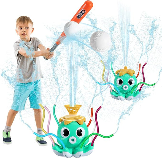 HeySplash Water Sprinkler Baseball Toy, 2 in 1 Water Spray Sprinkler Ball Set with 1 Detachable Sprinkler Head & 8 Wiggle Tubes, Outdoor Summer Toys Outside Toys for Toddlers and Kids, Green Octopus