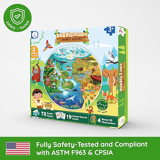Jumbo 70 Piece Round Floor Puzzles for Kids Ages 3-5, 6-8, Large Jigsaw Puzzle with Educational Flash Cards and 3D Figures | Educational Gift (Animal Safari)