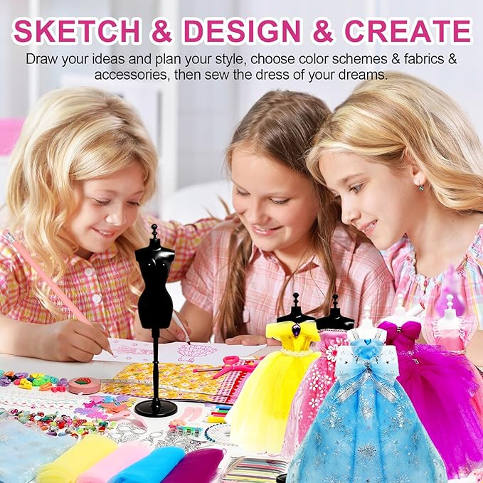 Axirata 1000+PCS Fashion Designer Kit for Girls Creativity DIY Arts & Crafts Kit for Kids with Fashion Design Sketchbook, 4 Mannequins, Sewing Kit for Teen Girls Birthday Gift Age 6 7 8 9 10 11 12+