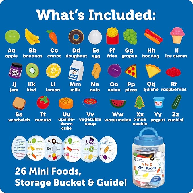Learning Resources A to Z Mini Foods, Play Food Sets for Kids Kitchen, Play Kitchen Accessories, Mini Food, Pretend Play Toys, Toddler Montessori Toys, Lakeshore Learning Toys, Fine Motor Skills