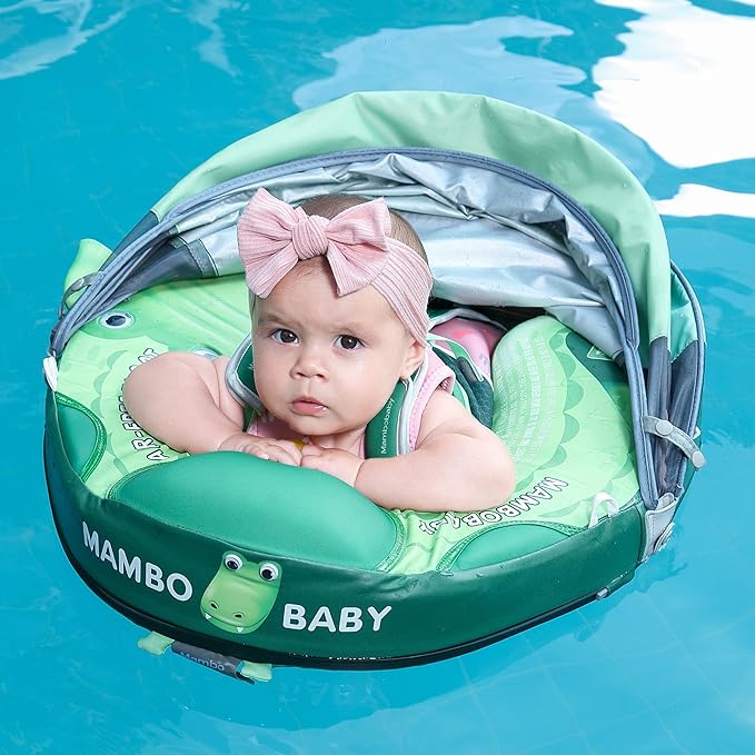 Mambobaby Float Add Tail Baby Swim Float with Canopy Solid Pool Infant Swim Trainer Swimming Training Lying Air Free Water Floats Non-Inflatable Waist Swim Ring for Toddlers (Crocodiles)
