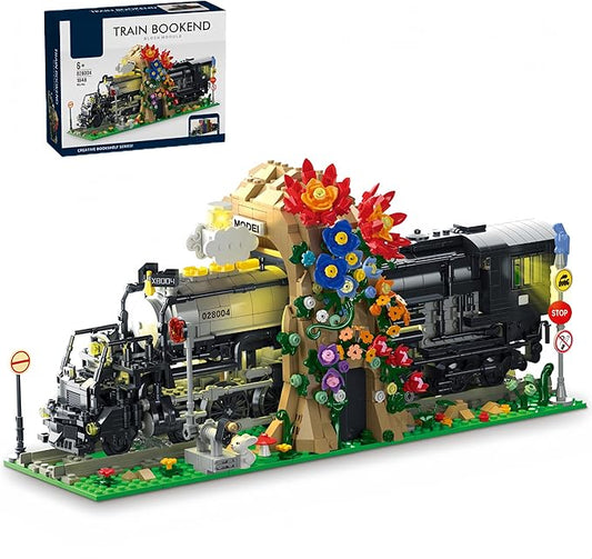 Big Black Steam Train Building Blocks Kits,Creative Flower Train Bookshelf ,1848 Pcs,Room Office Decoration,Gifts for Boys and Girls