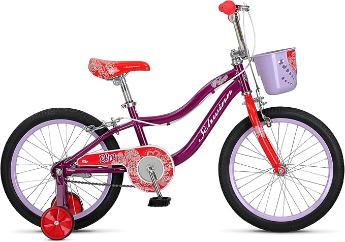 Schwinn Elm BMX Style Toddler and Kids Bike, For Girls and Boys, 18-Inch Wheels, With Training Wheels, Chain Guard, and Front Basket, Recommended Height 42-52 Inch, Purple