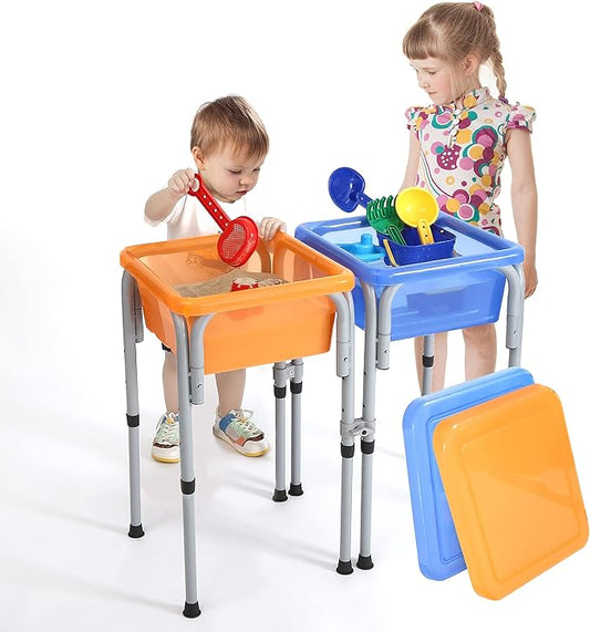 Special Supplies Sensory Activity Table for Kids and Toddlers -with Plastic Buckets and Beach Toys for Interactive Learning - Water, Sand, and STEM Play (Two Buckets - Orange + Blue)