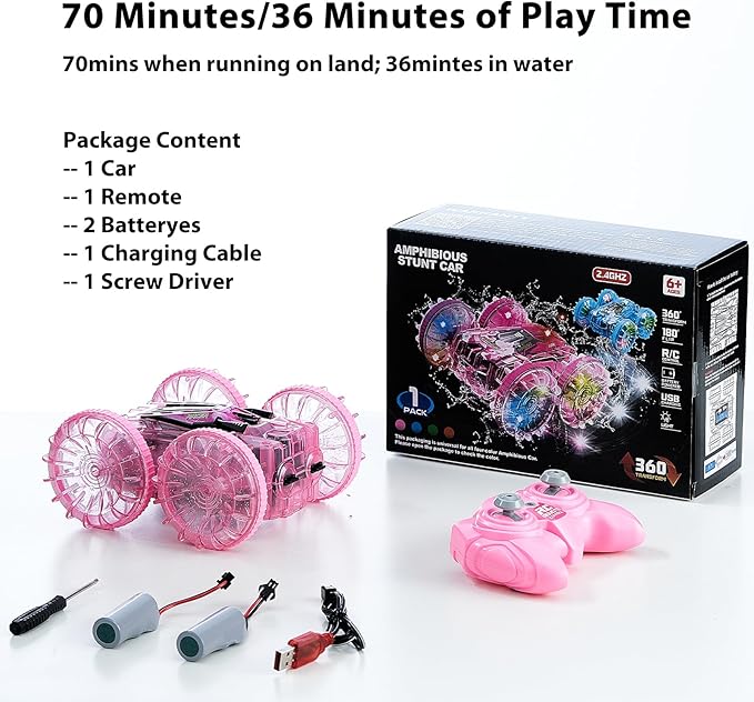 Amphibious Remote Control Car for Water or Land Play, RC Car for Kids Girls with LED Lights 4WD Stunt Car Pink Pool Toys with 70/36Minutes Play 2Batteries,360°Rotation,180°Flip,2.4GHz Remote