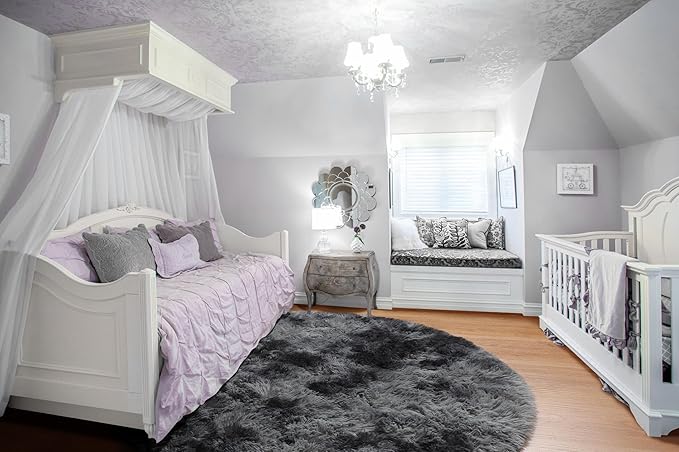 ONASAR Tie-Dyed Dark Grey Round Area Rug 4ft, Ultra Soft Bedroom Circle Rugs for Kids Girls Boys Teen, Fluffy Plush Shaggy Carpet Floor Mats for Nursery Dorm Living Room Office Home Decor