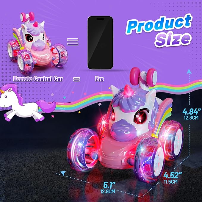 Carsky Unicorn Remote Control Car for Girls,360°Stunt RC Cars Rotation 4WD Remote Cars with LED Lights,Fun Indoor Outdoor Toys for Kids,Chritmas Easter Birthday Gift for 3 4 5 6 Year Old Girl