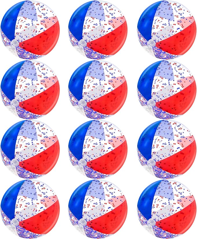 TURNMEON 12 Pack Inflatable Patriotic Beach Ball Bulk 16" Pool Toys Balls with White Red and Blue Stars Glitters Clear Beach Balls Summer Swimming Pool Game Water Beach Toy 4th of July Party