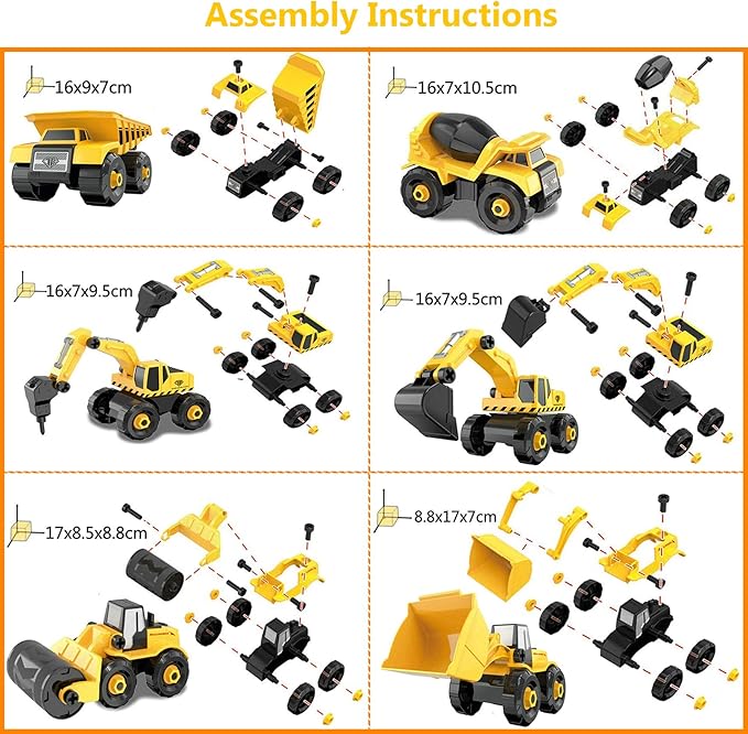 TEUVO Construction Take Apart Toys with Electric Drill, Building Excavator Toy STEM Trucks Vehicle Construction Vehicles for Kids, Educational Learning Gifts for Ages 3+ Boys & Girls