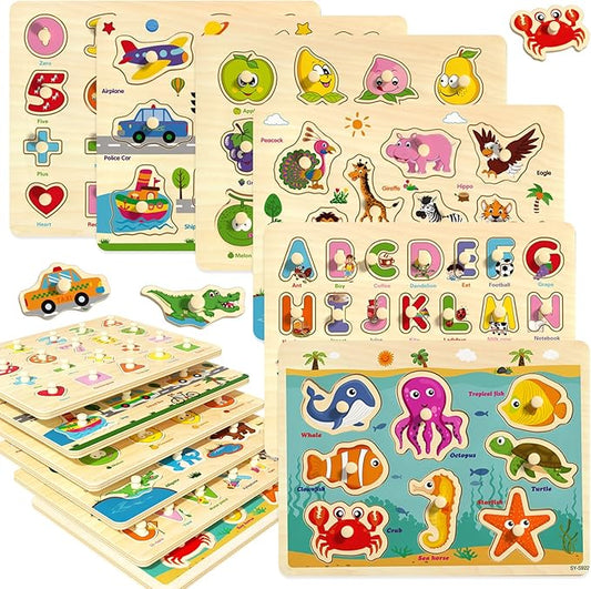 Wooden Peg Puzzles for Toddlers 2-4, 6 Pack Educational Peg Puzzles Montessori Toys, Learning Puzzles for Kids Girs Boys 1-3 3-5 with Alphabet Number Animal Vehicle Shape