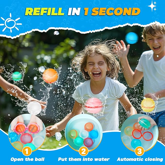 16PCS Magnetic Reusable Water Balloons, Refillable Silicone Bath Pool Beach Toys for Kids, Quick Fill Self-Sealing Splash Balls for Outdoor Water Fun Summer Family Games