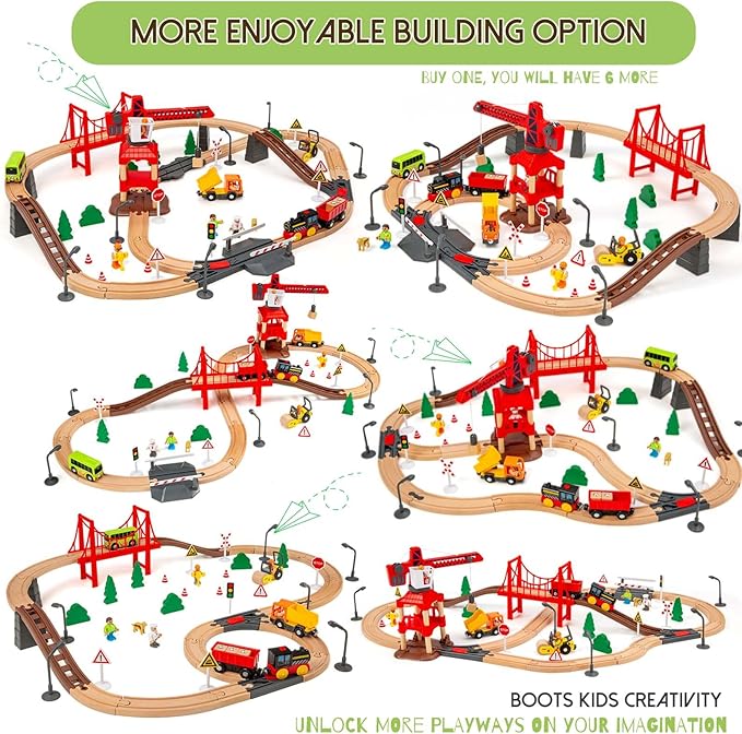 86pcs Wooden Train Set with Crane, Wooden Train Track Set Railway Kits Fits Thomas Brio IKEA Melissa and Doug, Christmas Train Toys for Kids & Toddlers 3-5 Years Old Boys and Girls