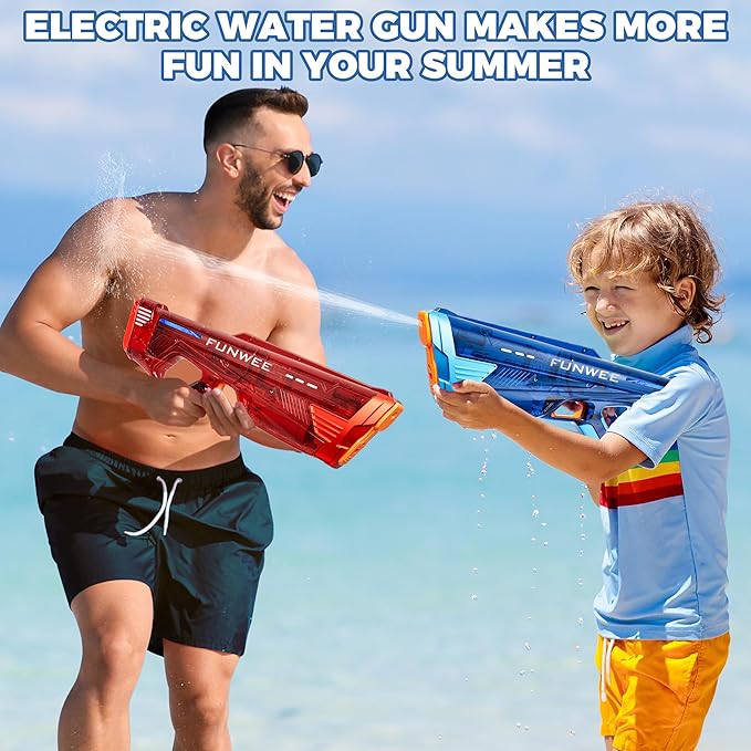 2 Pack Electric Water Gun for Adults Kids, Powerful Automatic Squirt Gun, High Powered Shooting 100+ Times, Long Range, Auto Water Blaster, Pool Outdoor Water Toy(Transparent Blue+Red)