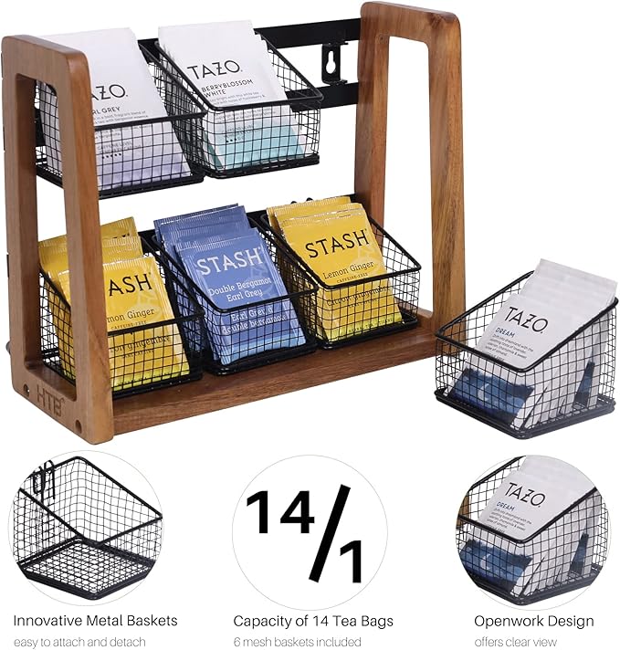 HTB 2 Tier Tea Organizer for Tea Bags, Tea Bag Holder with Acacia Wood Stand and 6 Removable Metal Basket for Sugar Packets, Sweeteners, Creamers for Cabinet, Countertop or Wall-mounted