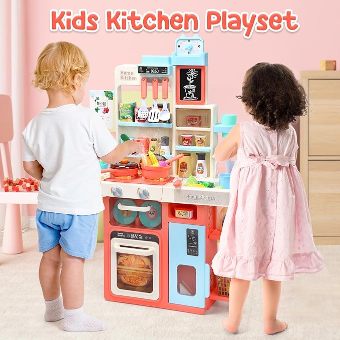 HOLYFUN Kids Kitchen Playset, Kitchen Set for Toddler with Sound and Light, Cooking Stove with Steam, Play Sink and Toy Kitchen Accessories, Pretend Kitchen Toys for Kids Girls Boys, Pink