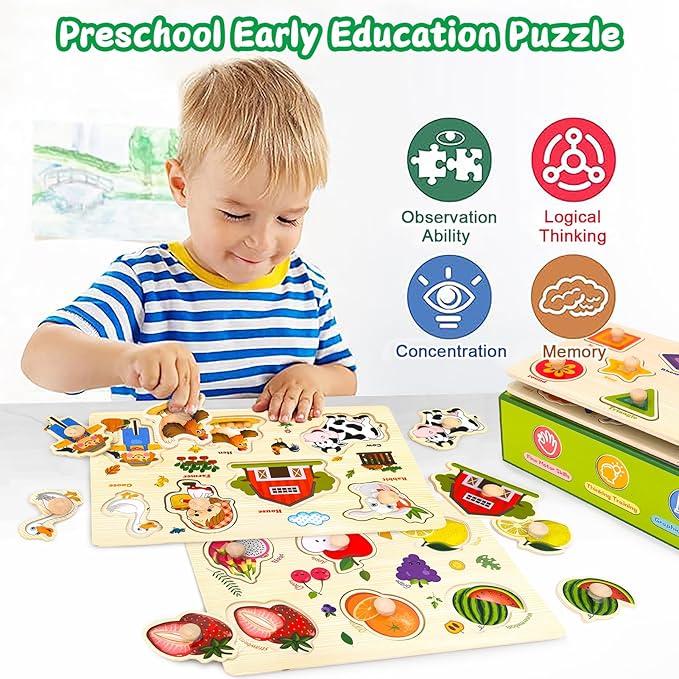 Wooden Puzzles for Toddlers, 4 Pack Montessori Toys Preschool Learning Puzzles for Baby, Farm, Shapes, Animals, Fruits Wooden Peg Puzzles for Boys and Girls (4 Pack)