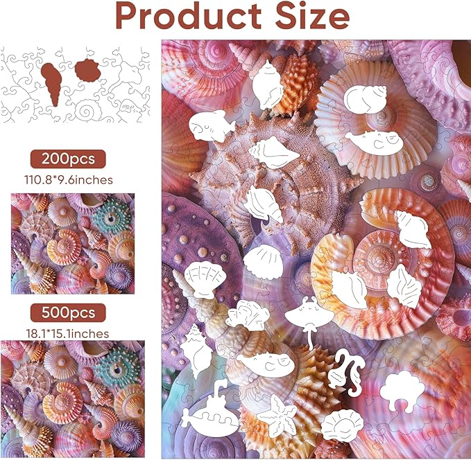 Wooden Puzzles for Adults, Sea Shell Wooden 500 Piece Puzzles for Adults,Unique Shaped Jigsaw Puzzles, Fun Challenge Brain Health Family Game Creative Gift for Friends 18.1 x 15.1in