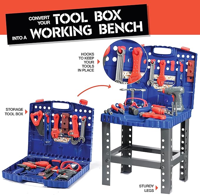 Play22 Kids Tool Set Bench 76 Pc - Toddler Tool Bench Set with Electronic Play Drill - Stem Educational Toy Pretend Play Construction Work Shop - Preschool Toy Gift for Kids Children Boys and Girls