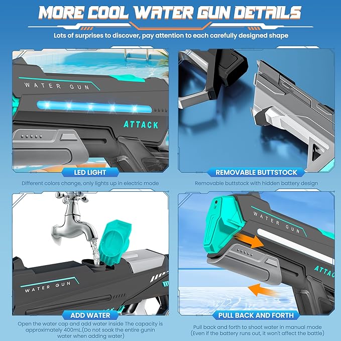 Electric Water Guns for Adults, Squirt Guns for Kids with Light Up and Large Capacity, Powerful Water Gun Up to 28-32FT Range for Summer Swimming Pool Party Beach Outdoor Activity(Gray)