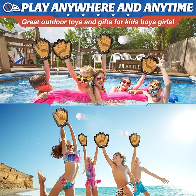 4 Pack Catch Ball Games Set for Kids, Baseball Training Toys with Gloves and Sticky Balls for Ages 3-12 Years Old, Outdoor Beach Pool Toys for Kids, Ideal Birthday Easter Gifts for Toddlers Boys Girls