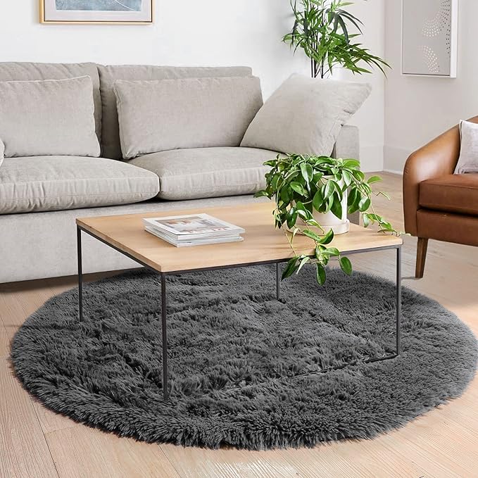Amdrebio Grey Round Area Rugs 7Ft for Living Room, Large Shag Fluffy Circle Rug for Bedroom, Big Soft Thick Plush Carpet for Kids Room, Modern Furry Fuzzy Circular Gray Rug for Classroom Apartment