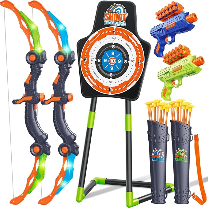 Bow and Arrow for 5 6 7 8 9 10 11+ Year Old Boys, Birthday Gift for Kids, Indoor Outdoor Activity Toys, 2 Pack LED Light Up Archery Toy with 20 Suction Cup Arrows, Standing Target, 2 Quiver