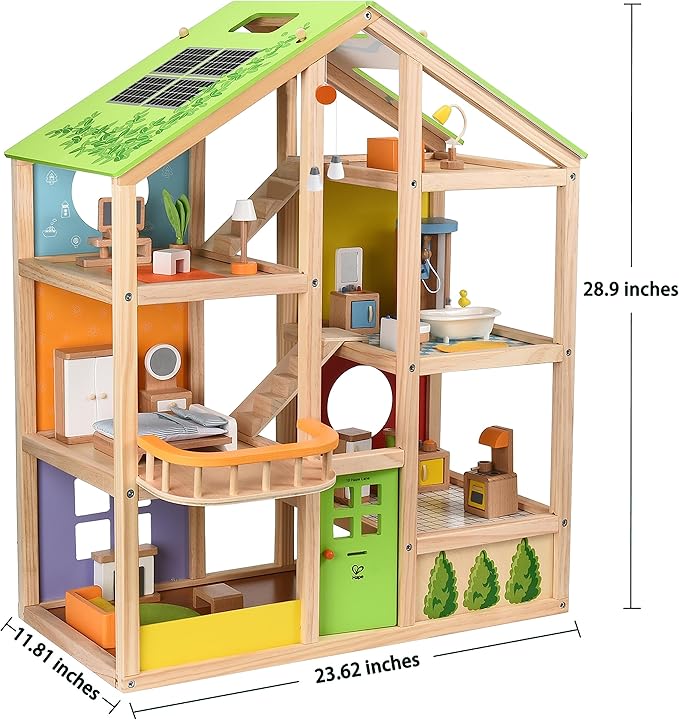 All Seasons Kids Wooden Dollhouse by Hape | Award Winning 3 Story Dolls House Toy with Furniture, Accessories, Movable Stairs and Reversible Season Theme L: 23.6, W: 11.8, H: 28.9 inch