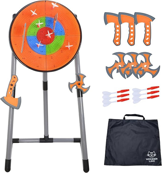 3 in 1 Throwing Game Toy Set - Dart & Axe Throwing Game with Bristle Target Dartboard - 3 Throwing Axes, 3 Stars, 6 Darts Included - with Travel Bag & Lightweight Stand - Indoor & Outdoor Game