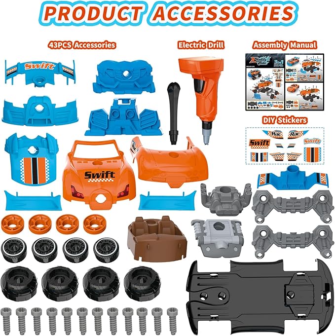 Pup Go 3-in-1 Take Apart Car for Boys with Electric Drill, 43Pcs Construction Toy Truck, Build Your Own Car with Play Tools, Ideal STEM Gift for Kids Children Ages 3 4 5 6 7 Year Orange