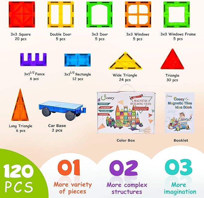 cossy 120Pcs Magnetic Tiles Magnetic 3D Building Blocks Set Educational Construction Toys for 3+ Year Kids with Stronger Magnets, Educational Toys, Recreational, Conventional