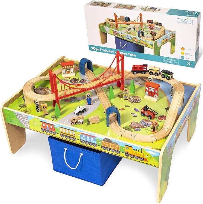 50 Piece Wooden Train Set with Activity Table & Storage Bin - 100% Hardwood Track, Engine, Oil Tanker, Caboose, Fire Engine, Station, Policeman, Farm Animals. Compatible with All Major Brands
