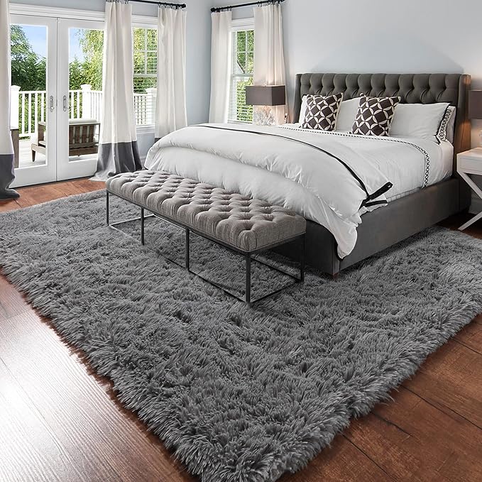 Amdrebio Grey Modern Fluffy Living Room Rugs,5x8 Rug,Furry Area Rug for Bedroom,Shaggy Indoor Rug for Kids Room,Plush Fuzzy Rug for Living Room Decor,Soft Farmhouse Carpet for Home Office Playroom