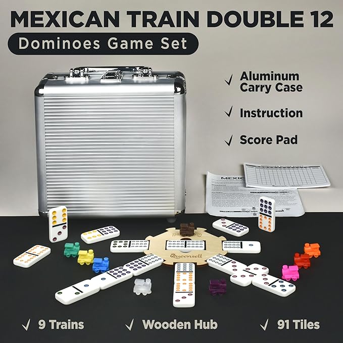 Queensell Mexican Train Dominoes Set with Wooden Hub, Domino Tile Board Games - Double 12 Dominos Set for Family Game Night for Adults and Kids Ages 8 and up (Double 12)
