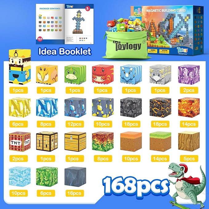 168PCS Magnetic Blocks-Build Mine Magnet World Dinosaur & Mine Edition, Building Outdoor Sensory Toys for Kids 3-5, STEM Jurassic Kid Games for Toddler Gifts for Boys and Girls Ages 3 4 5 6 7 8