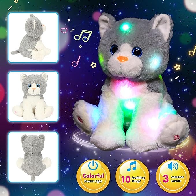 Cuteoy Kitty LED Musical Stuffed Animal Light-up Singing Plush Cat Adjustable Volume Lullaby Plushies Birthday Christmas Toy Gifts for Kids Toddler Girls, 10.5"