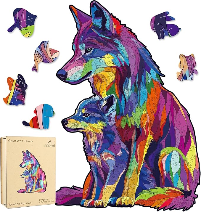 Colorful Wolf Family 500 Pieces Wooden Jigsaw Puzzles for Adults with Unique Irregular Shape Fun Challenging Animal Puzzles for Kids and Couples Gift on Birthday,Children’s Day,Christmas 15"*19.6"