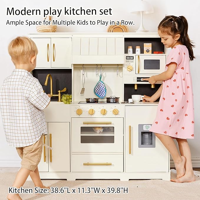 Wooden Play Kitchen for Kids with Various Interactive Kids Kitchen Toy Features and 19 Fun Toddler Kitchen Accessories, Toy Kitchen Playset for 3+ Boys and Girls