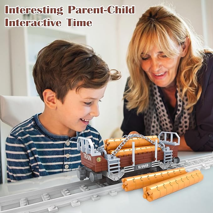 Finger Rock City Freight Train Car Building Toy Set, Classic Wooden Carriage Cargo Model, 150 Pcs MOC Construction Toys for Train Lovers, STEM Gifts for Boys & Girls 6-8+