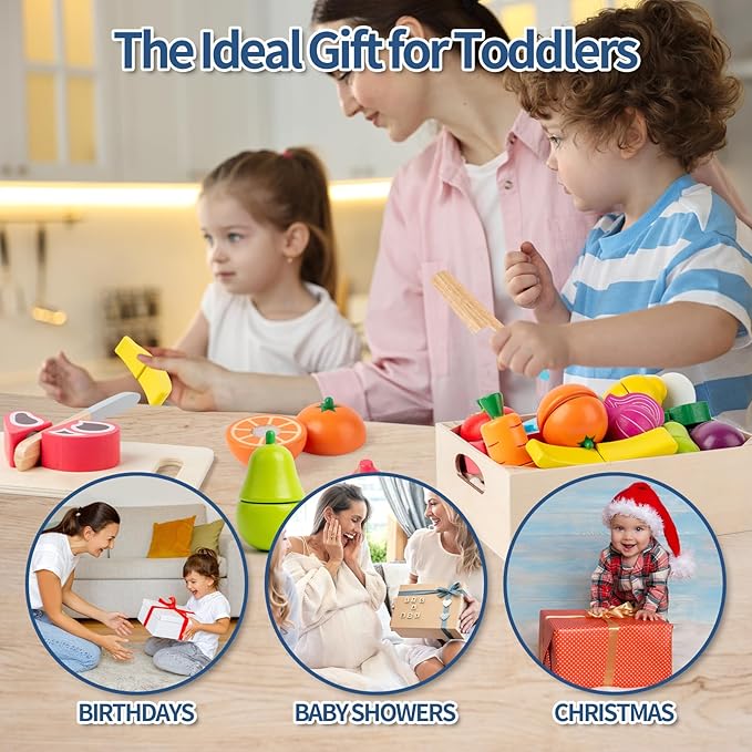 32 Pcs Wooden Play Food Sets for Kids Kitchen Accessories, Montessori Educational Toys Food, Pretend Play Food for Toddlers, Velcro Fruits and Vegetables Cutting Set for Kids Boys Girls