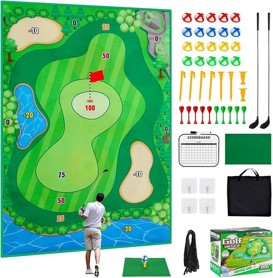 MoKo Golf Chipping Mat Set - 47"x70" Sticky Battle Golf Game Play Set Double Sided Par Pursuit Game for Kids Adults, Indoor & Outdoor, with 2 Sticks 20 Sticky Balls