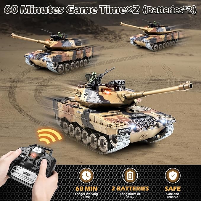 1:18 RC Tank, 2.4Ghz Metal German Leopard II Remote Control Model Toy That Shoots BBS and Water Bombs, RC Military Vehicle for Adults and Kids, Army Toy Tank with Smoke, Sound, Recoil, Lights