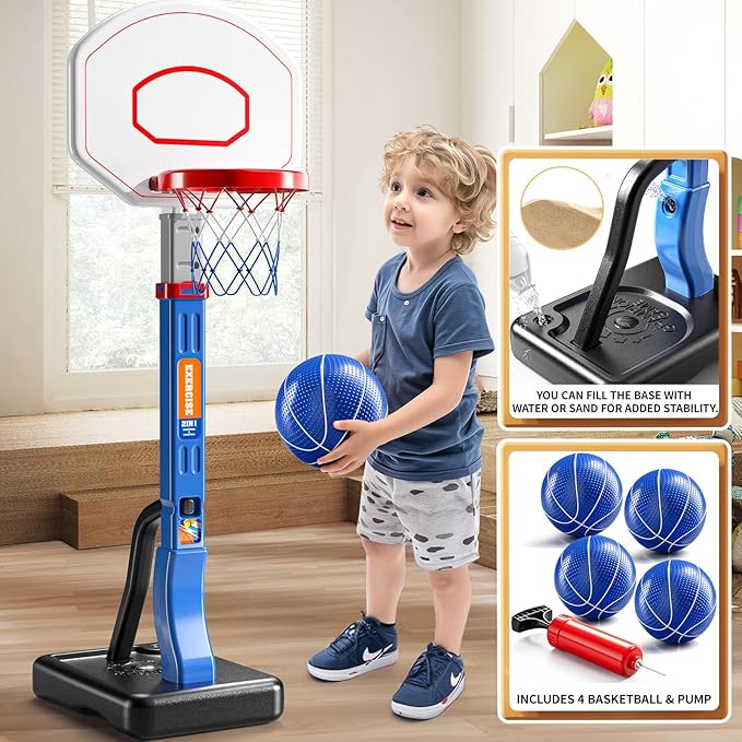 Kids Basketball Hoop for Boys Age 3 4 5 6, Adjustable Toddler Basketball Goal with 4 Balls for Indoor Outdoor Play,Poolside Basketball Hoop for Pool Basketball Toy for Boys Girls Kids Age 3-8
