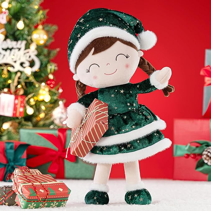 Gloveleya Soft Plush Doll Christmas Girl Dolls with Green Dress, Gift Box & Free Card - Perfect Holiday or Birthday Gift for Toddlers 2-8 Ages, 16"