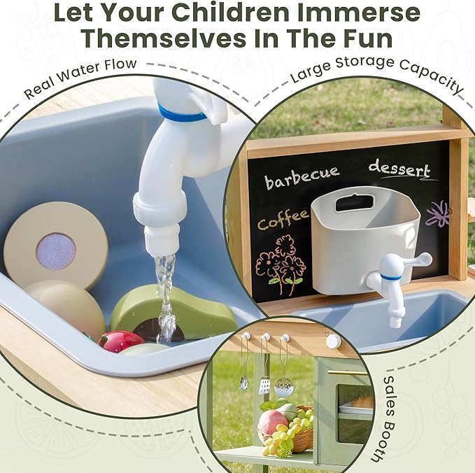 ROBUD Mud Kitchen for Kids Outdoor, Solid Wood Outdoor Play Kitchen, Green Kids Mud Kitchen with Barbecue Grill, Removable Sink & Faucet, Monteeori Toys for Children Ages 3+, WH003