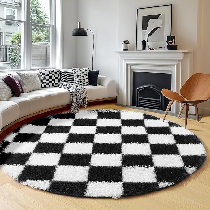 KICMOR Round Rugs 5ft for Bedroom Living Room, Black and White Fluffy Soft Circle Area Rug Fuzzy Shag Shaggy Plush Carpet, Indoor Checkered Circular Rug for Kids Room Nursery Home Decor Aesthetic