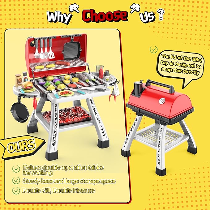 2-Layer BBQ Grill with Big Playset Gifts|Kids Outdoor Toys for Toddlers 3-5 6| Pretend Outdoor Toddler Boy Toys for 3 4 Year Old Boys| Kids Kitchen Playset Equipment Gift