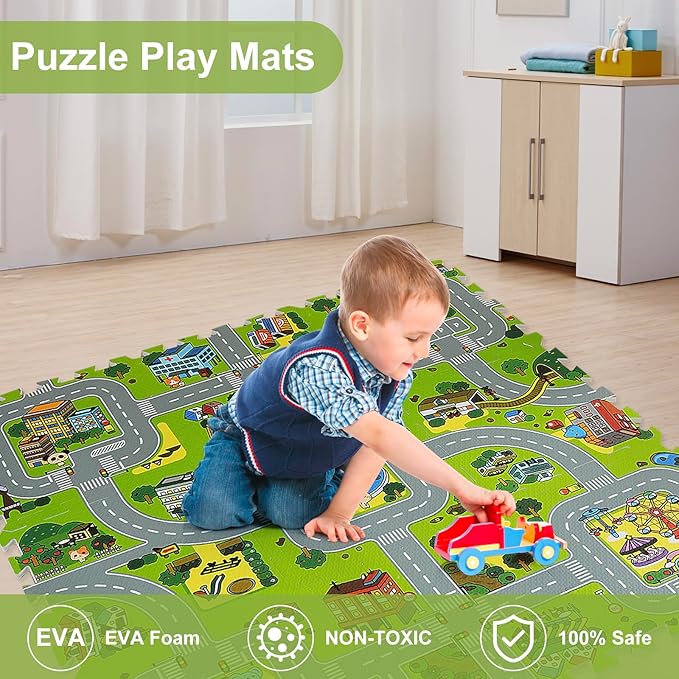 Skyweaver Traffic Play mat Puzzle Foam Interlocking Tiles – Kids Road Traffic Play Rug - Children Educational Playmat Rug - Great for Playing with Toy Cars Trucks (9Pcs)