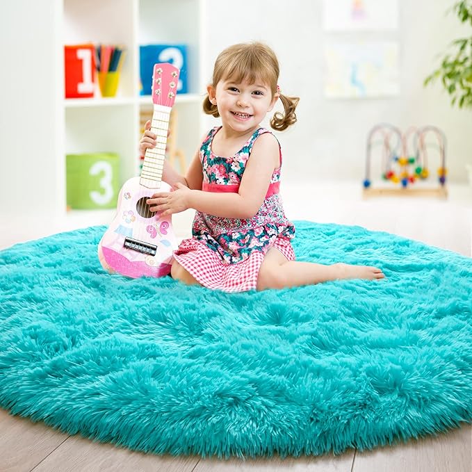 junovo Round Rug 4x4 Feet Fluffy Soft Area Rugs for Kids Girls Room Princess Castle Plush Shaggy Carpet Cute Circle Nursery Rug for Kids Girls Bedroom Baby Room Home Decor Circular Carpet, Teal Blue